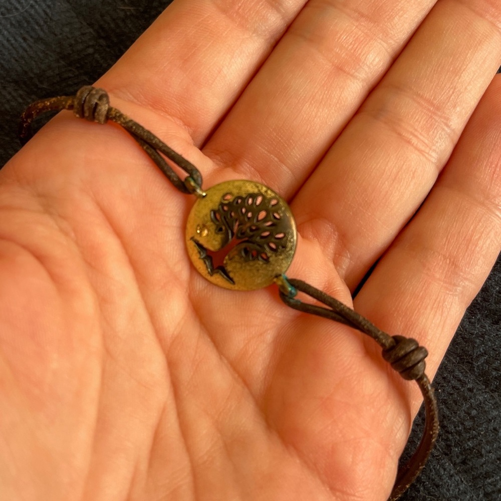 Vintage Fossil bracelet leather cord sterling bird cat eye bead citrine